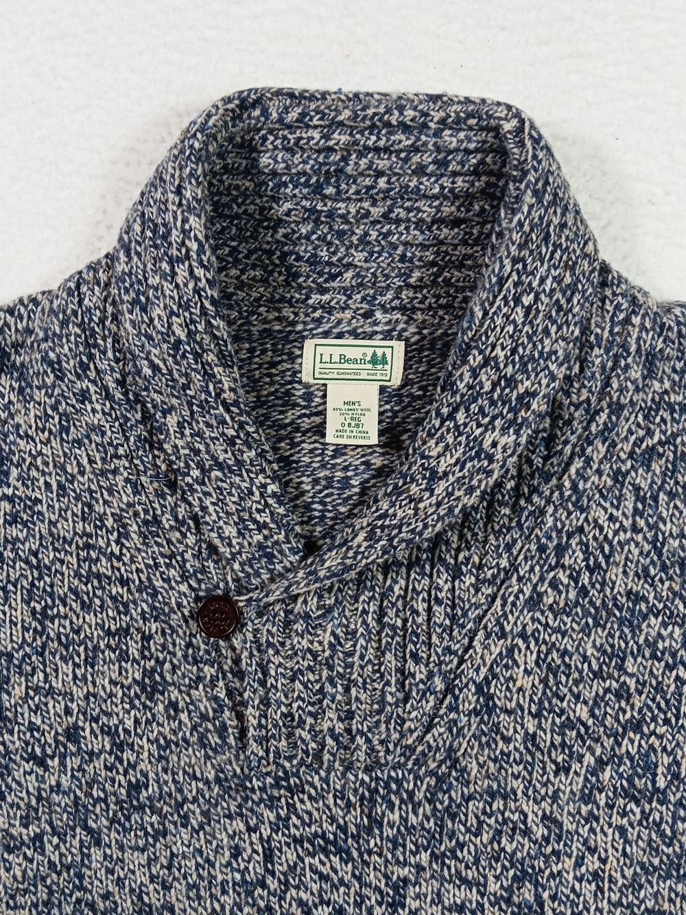 L.L. Bean Sweater Mens Large Shawl Collard Marled Lambswool Fisherman - Picture 3 of 9